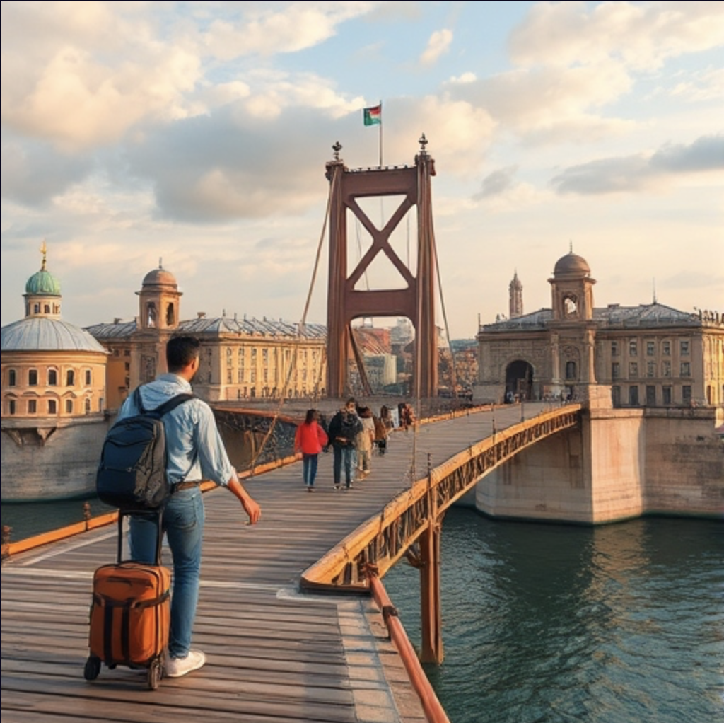 Un uomo con una valigia che attraversa un ponte per scoprire una nuova cultura. Rappresentazione del viaggio come ponte tra culture