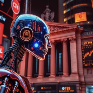A picture representing a personification of AI and the stock exchange in the background