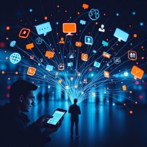 Immagine generata a AI che rappresenta la comunicazione istantanea. Ombre di persone che comunicano in modi diversi attraverso i loro smartphone