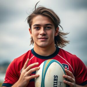 Uno studente atleta su un campo da rugby con una palla in mano