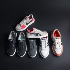 alcune sneakers di diversi colori e fogge su uno sfondo nero