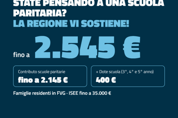 State pensando a una scuola paritaria? La Regione vi sostiene: fino a 2.545 euro, domande entro il 19 novembre su ardis.fvg.it